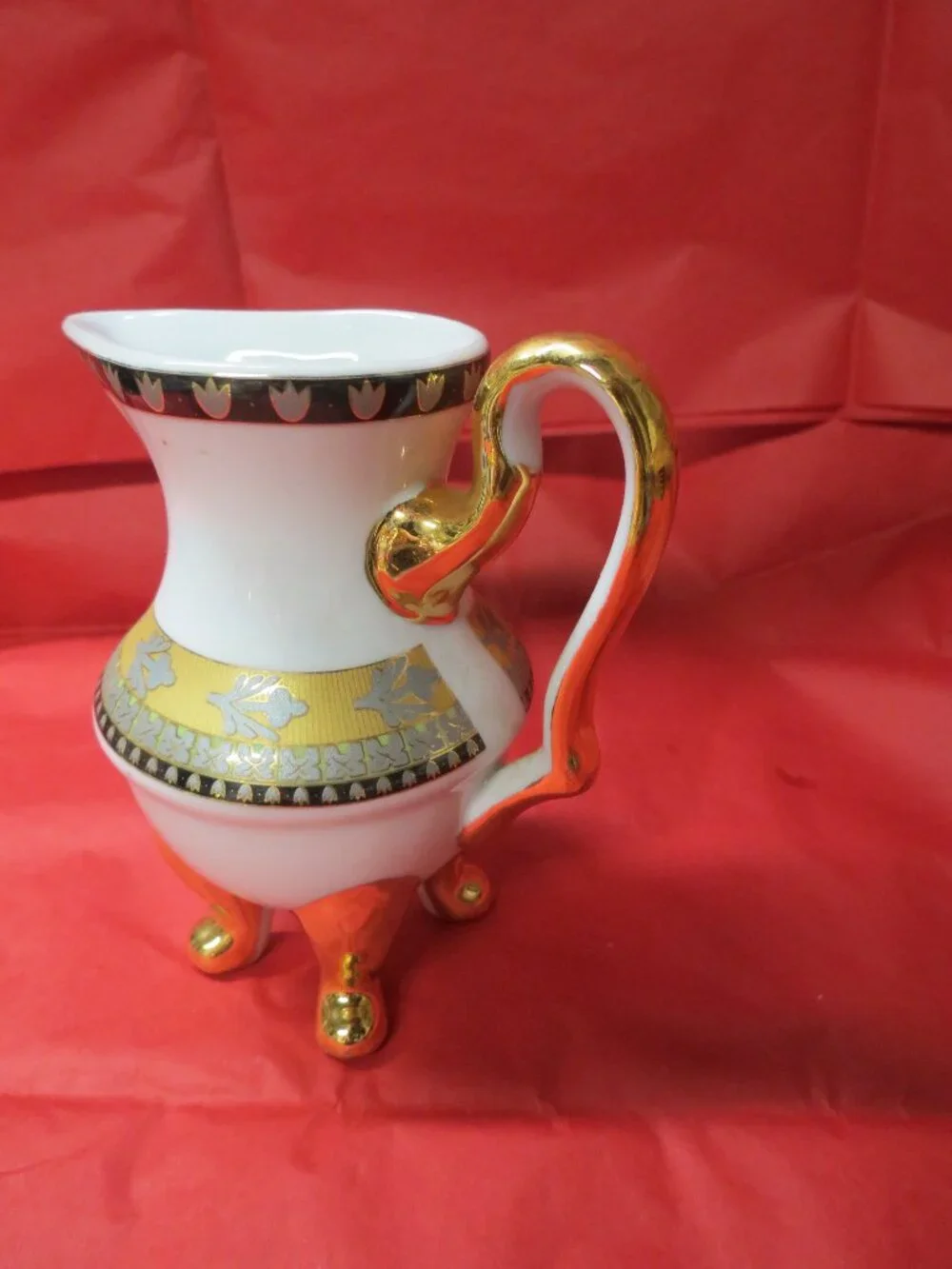 Vintage Porcelain Sugar & Creamer White w Gold & Black Tulips Czechoslovakia?